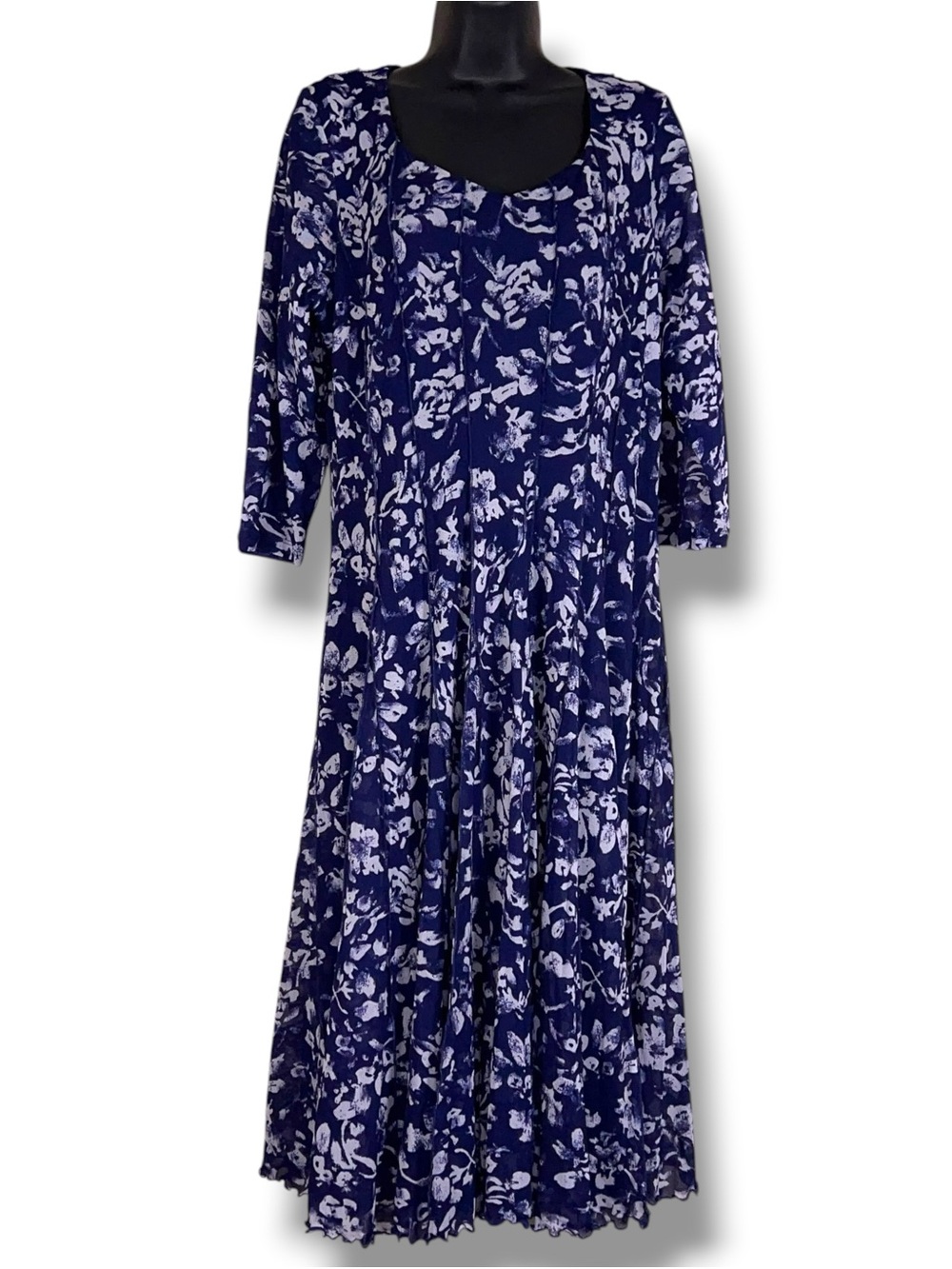 Size 16 Coldwater Creek Blue Floral Dress Midi Stretch Aline 3/4 Sleeve Event